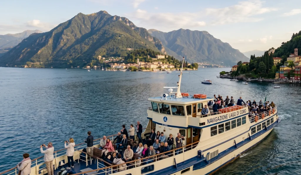 Lake Como ferry crossing between Bellagio and Varenna, passengers on deck